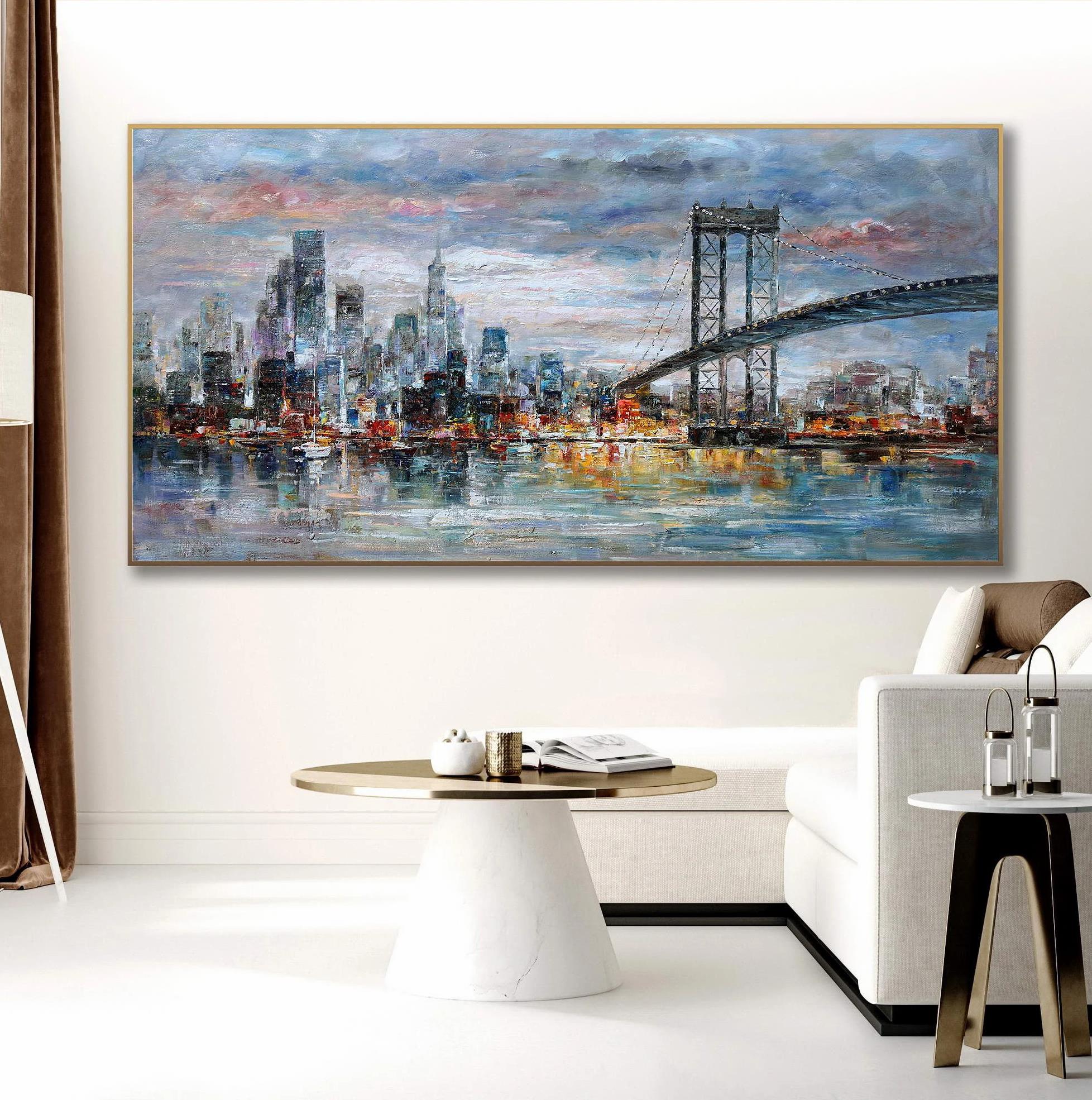 ニューヨーク マンハッタン ブルックリン橋 NYC スカイライン都市景観都市油絵